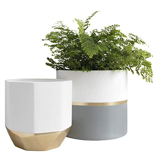 White Ceramic Plant Pots Garden Planters 6 5.1 Inch Indoor Flower Pots Plant Containers with Gold and Grey Detailing 